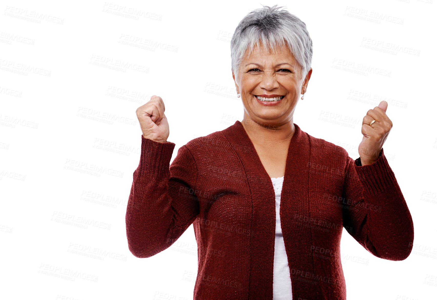 Buy stock photo Happy, senior woman and portrait of celebration, announcement or excited for news or offer png. Elderly person, face and smile for success or winning in retirement on isolated, transparent background