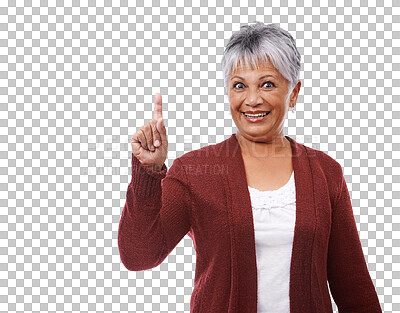 Buy stock photo Portrait, finger and senior woman with a smile, decision and choice isolated against a transparent background. Face, mature female person and model with hand gesture, swipe and happiness with png