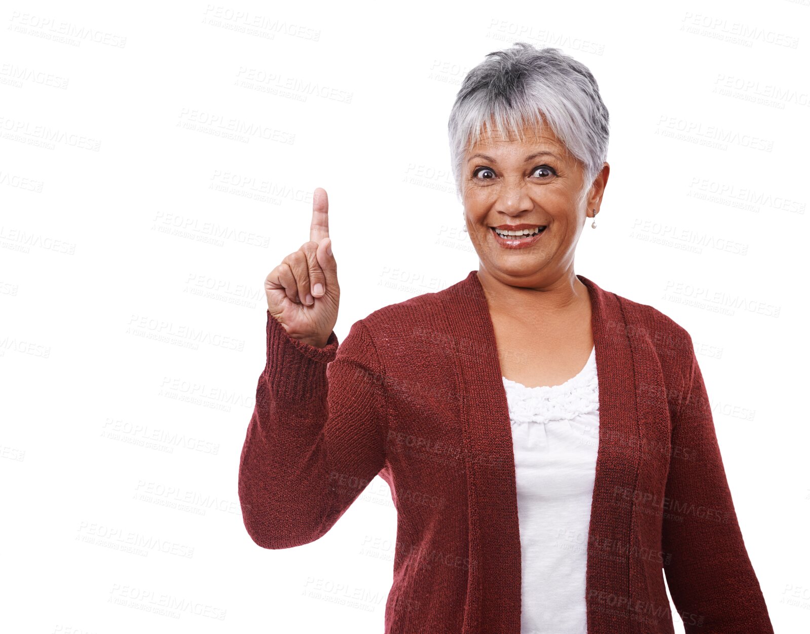 Buy stock photo Portrait, finger and senior woman with a smile, decision and choice isolated against a transparent background. Face, mature female person and model with hand gesture, swipe and happiness with png