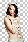 A beautiful young woman posing semi-clad in vintage clothing isolated on a png background