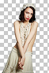 Portrait of a beautiful young woman posing semi-clad in vintage clothing isolated on a png background