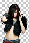 Portrait of a beautiful young woman posing semi-clad in fur coat and vinage jewelry isolated on a png background