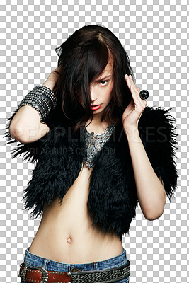 Buy stock photo Fur coat, edgy woman and portrait isolated on transparent, png background for celebrity fashion and jewelry. Punk, rock and grunge model or body of young person with stomach in cool or sexy clothes