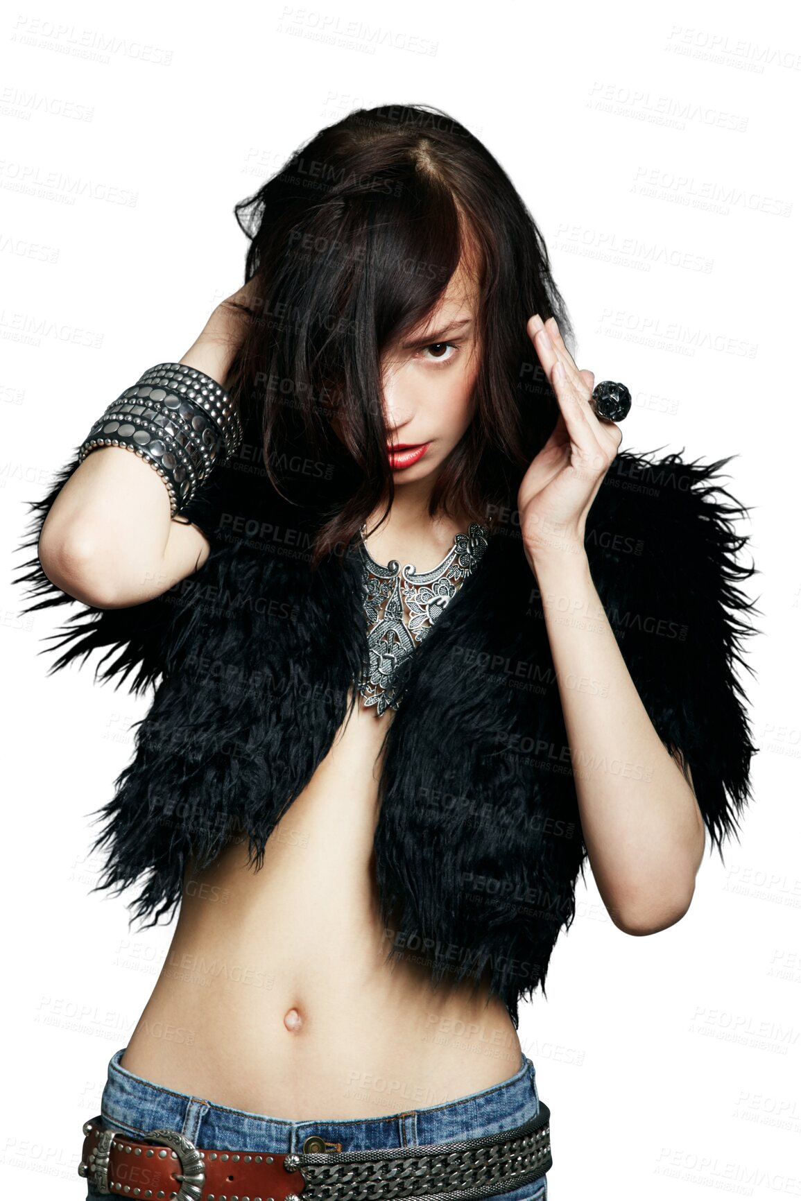 Buy stock photo Fur coat, edgy woman and portrait isolated on transparent, png background for celebrity fashion and jewelry. Punk, rock and grunge model or body of young person with stomach in cool or sexy clothes