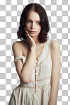 Portrait of a beautiful young woman wearing vintage clothing and posing with hand on her cheek isolated on a png background