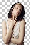 A beautiful young woman wearing vintage clothing and posing with eyes closed and hand on her neck isolated on a png background