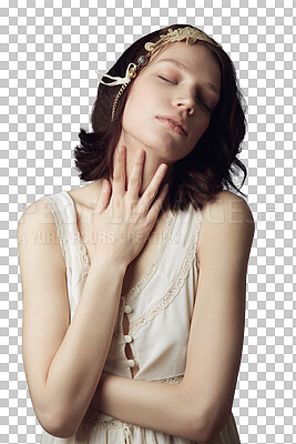 Attractive Naked Woman Touching Her Neck. Front View Stock Photo