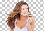 An attractive young woman eating a slab of chocolate isolated on a png background