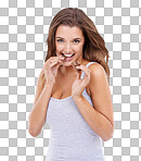 An attractive young woman eating a piece of chocolate isolated on a png background