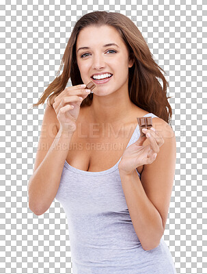 Buy stock photo Happy woman, portrait and smile with chocolate for cheat diet isolated on a transparent PNG background. Attractive female person or young model smiling with sweet candy, yummy dessert or luxury food