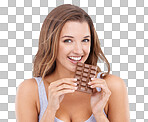 An attractive young woman eating a slab of chocolate isolated on a png background