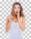 Portrait of an attractive young woman looking surprised while holding a slab of chocolate isolated on a png background