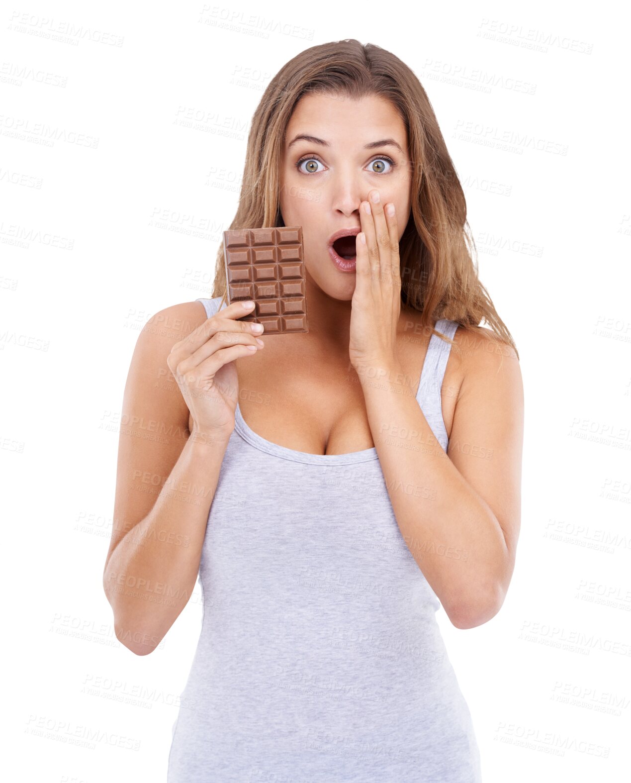 Buy stock photo Chocolate, surprise and face of a woman with candy isolated on transparent, png background. Wow portrait, shocked and guilt of model person with cacao bar, sugar or dessert as calories or diet cheat
