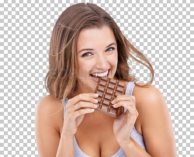 Buy stock photo Isolated  woman, bite chocolate and portrait for diet, health and wellness by transparent png background. Girl, college student or model with sweets, happy and hungry for nutrition, food and candy