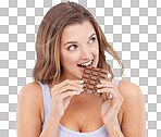 An attractive young woman eating a slab of chocolate isolated on a png background