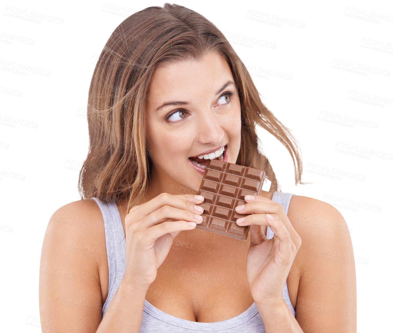 Buy stock photo Isolated young woman, chocolate and think with diet, health and wellness by transparent png background. Girl, college student or model with sweets, hungry and eating for nutrition, food and candy