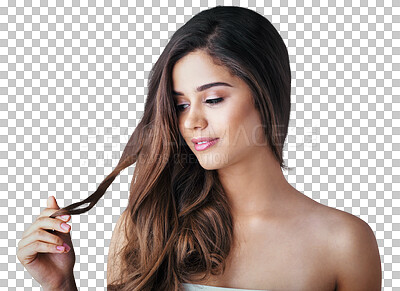 Buy stock photo Hair, strand in hands and face of woman on png, isolated and transparent background for haircare cosmetics. Salon, style and female person smile for wellness, healthy texture and beauty treatment