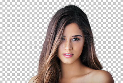 Buy stock photo Beauty, hair and face with portrait of woman on transparent background for natural cosmetics and haircare. Salon, luxury and self care with person isolated on png for style, health and shampoo