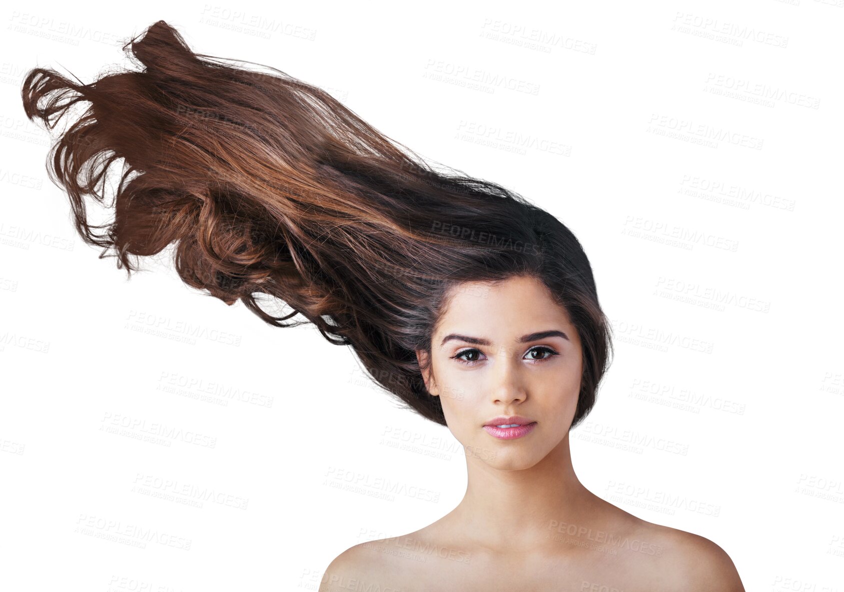 Buy stock photo Hair care, wind and portrait of woman with beauty, keratin treatment and isolated in a transparent or png background. Cosmetic, blowing and young person or model with hairstyle and cosmetics shine