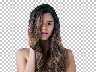 Buy stock photo Hair, portrait and young woman isolated on transparent png background for salon, color treatment or hairdresser results. Healthy growth, hairstyle and face of person or model for balayage beauty