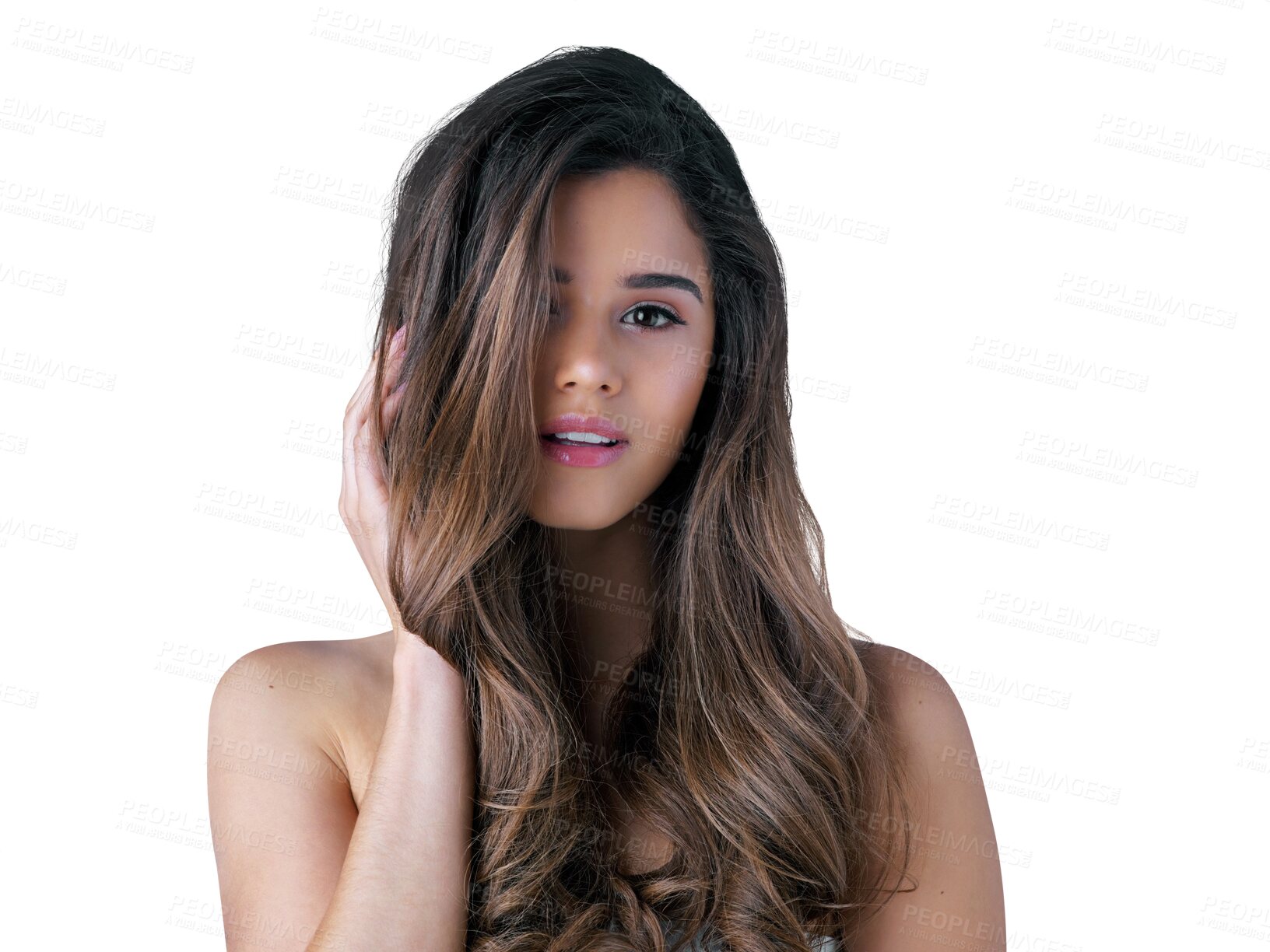 Buy stock photo Hair, portrait and young woman isolated on transparent png background for salon, color treatment or hairdresser results. Healthy growth, hairstyle and face of person or model for balayage beauty