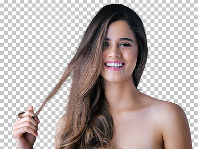 Buy stock photo Happy, hair in hands and portrait of woman on png, isolated and transparent background for haircare. Salon, cosmetics and face of female person with smile for wellness, healthy texture and style