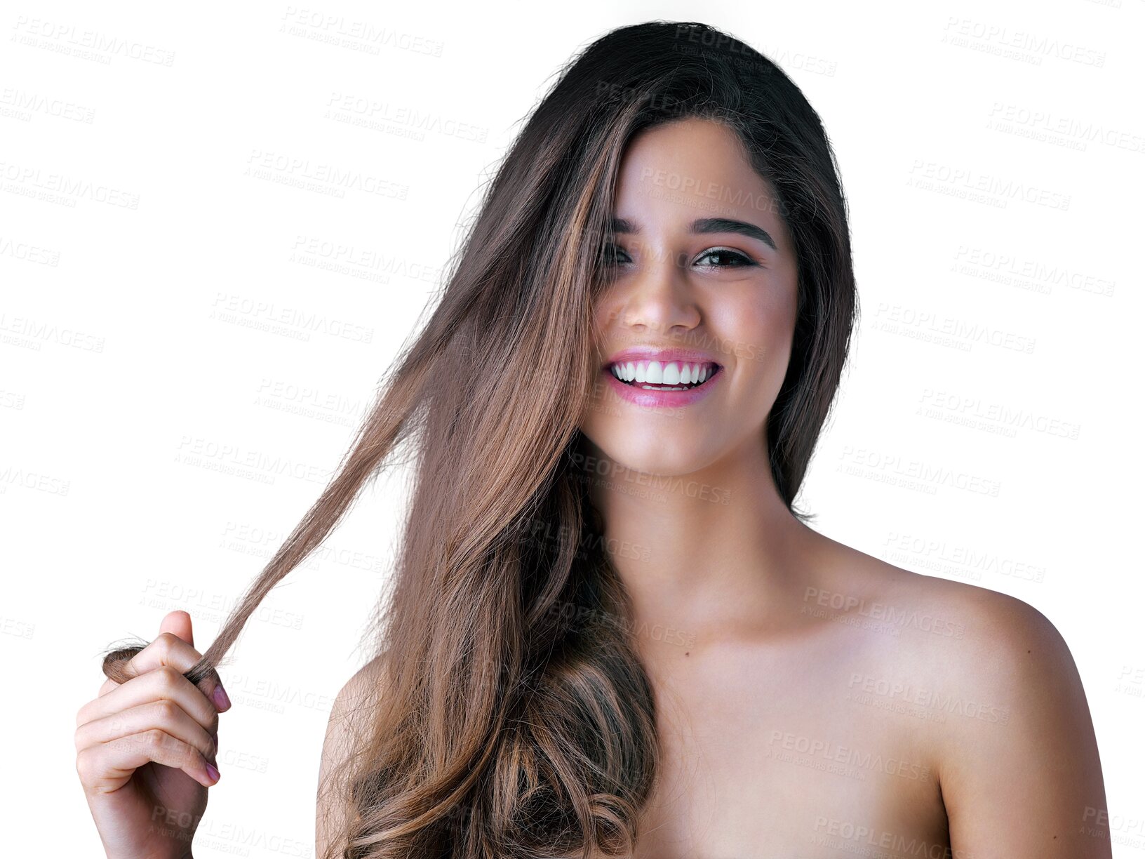 Buy stock photo Happy, hair in hands and portrait of woman on png, isolated and transparent background for haircare. Salon, cosmetics and face of female person with smile for wellness, healthy texture and style