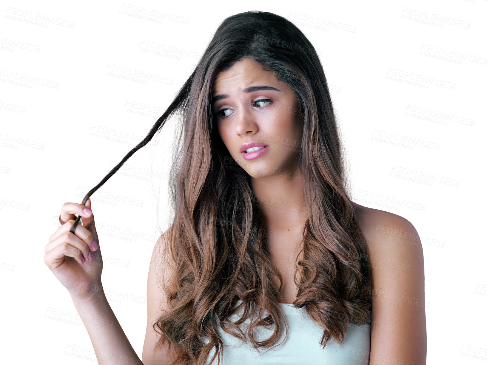 Buy stock photo Isolated woman, hair and breakage with worry, thinking and shock for problem by transparent png background. Girl, model and damage with hairstyle, beauty and split ends with stress for cosmetics