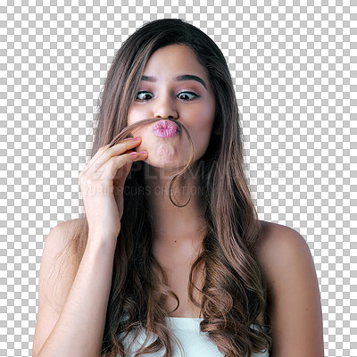 Buy stock photo Woman, hair and silly face playing with hairstyle for funny mustache isolated on a transparent PNG background. Goofy female person or model with facial expression, comedy or salon humor in treatment