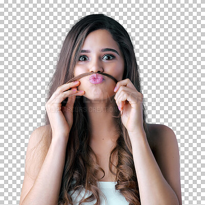 Buy stock photo Hair moustache, portrait and pout of woman isolated against a transparent png background for funny joke. Young female model, beauty and silly with haircare, goofy face expression and facial skincare