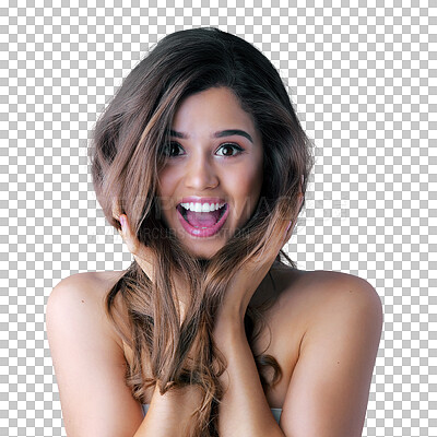 Buy stock photo Hair, wow and portrait of young woman isolated on transparent png background of salon results, discount or sale. Surprise face of happy person or model smile for hairdresser treatment, news or promo