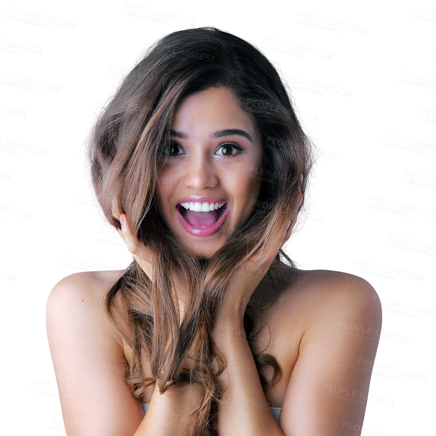 Buy stock photo Hair, wow and portrait of young woman isolated on transparent png background of salon results, discount or sale. Surprise face of happy person or model smile for hairdresser treatment, news or promo