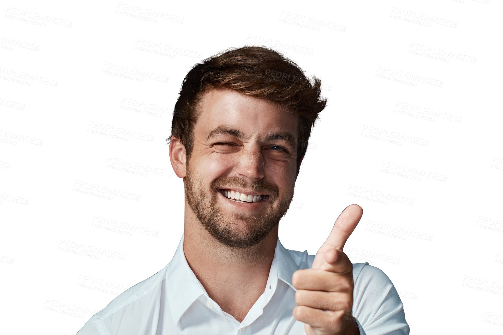 Buy stock photo Portrait, pointing man wink and flirting isolated and against a transparent png background with a smile. Success or congratulations, face and male person with emoji hands for happiness or thank you