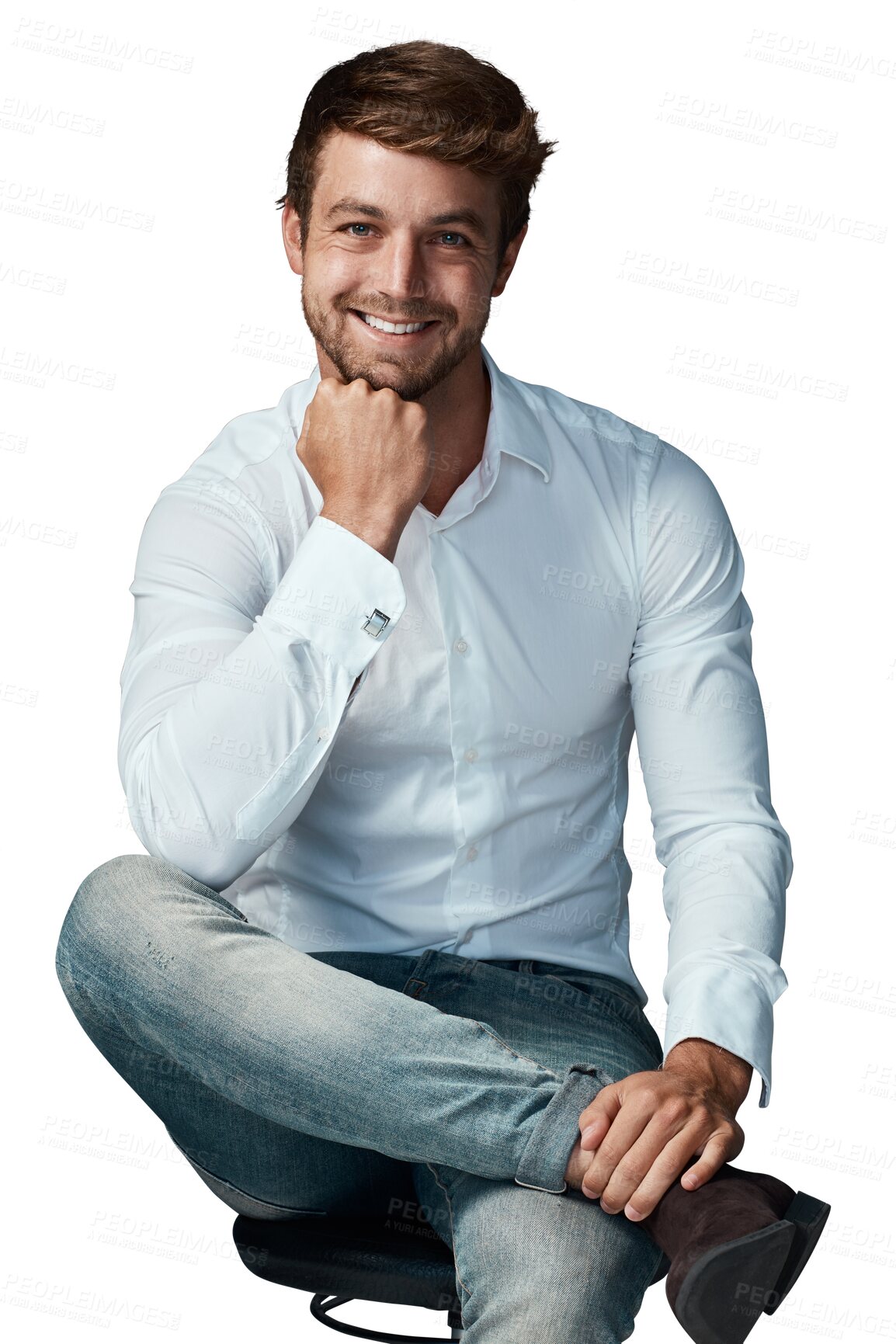 Buy stock photo Happy man, portrait smile and thinking with career ambition isolated on a transparent PNG background. Confident male person or model smiling and sitting on chair in satisfaction with casual clothing