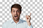 Studio portrait of a handsome young man pointing excitedly to copyspace isolated on a png background