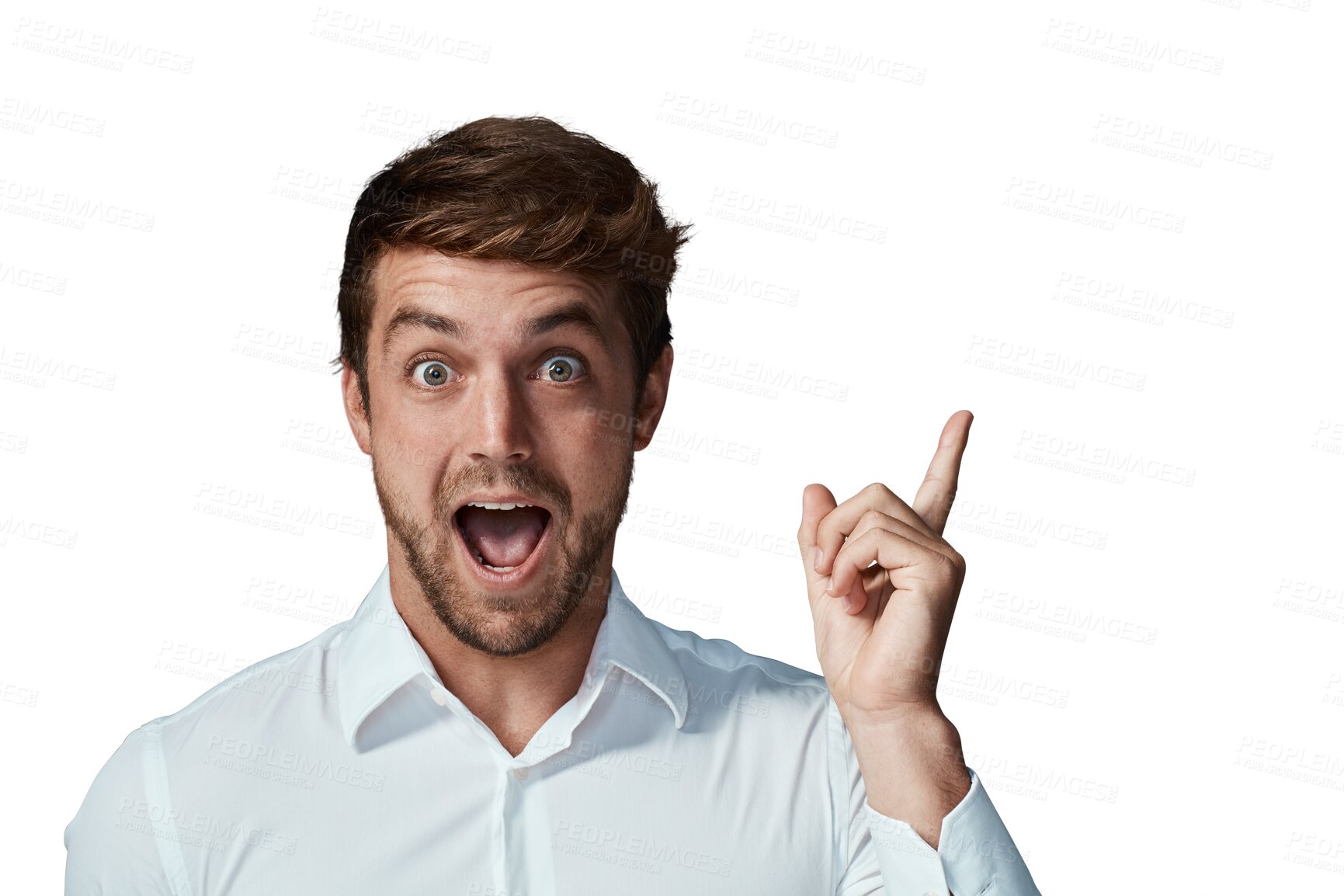 Buy stock photo Man, surprise and idea for solution, problem solving or facial expression isolated on a transparent PNG background. Portrait of surprised or excited male person or model looking shocked with finger