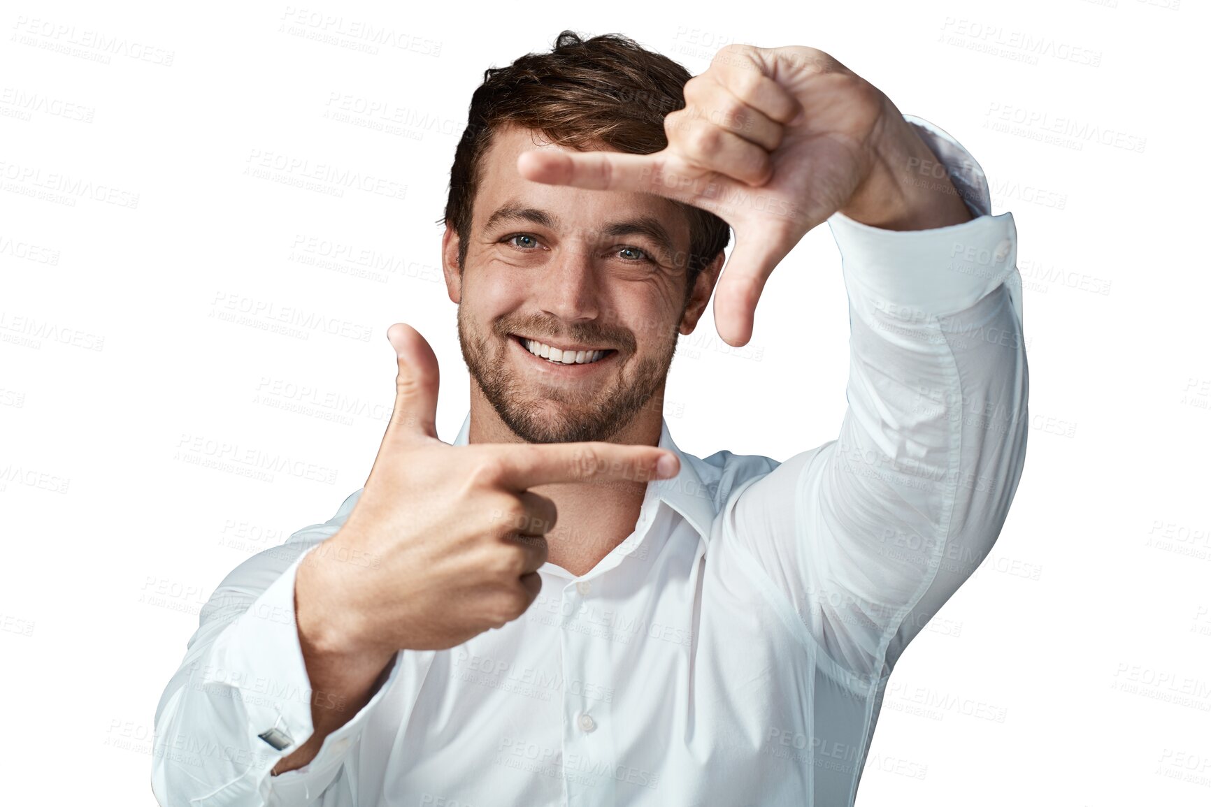 Buy stock photo Happy man, portrait and hands in frame for face photo isolated on a transparent PNG background. Male person hand framing smile or selfie for profile picture, photography creativity or capture moment