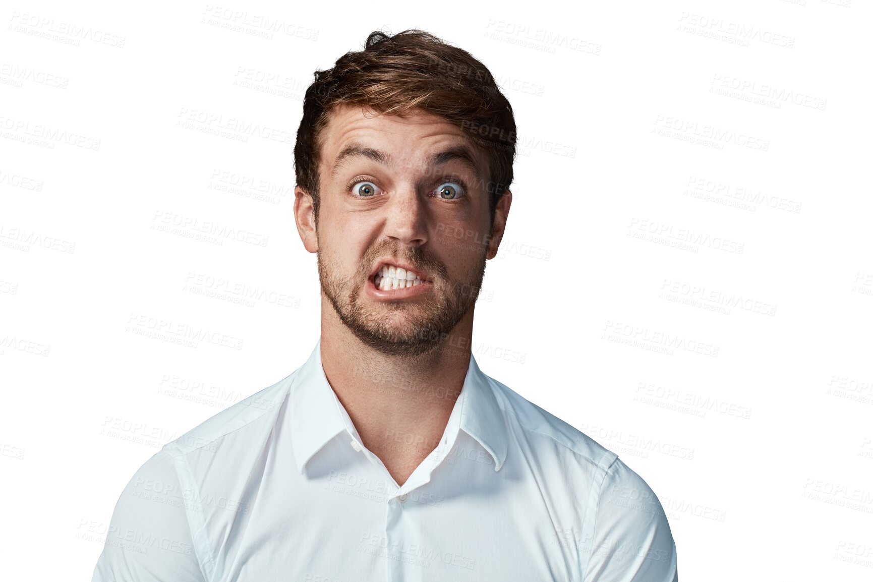 Buy stock photo Funny, face and portrait of man on transparent background for goofy, silly and comic facial expression. Crazy, surprise and emoji with male person on png for playful, joke and comedy attitude