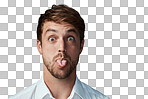 Studio portrait of a handsome young man sticking his tongue out isolated on a png background