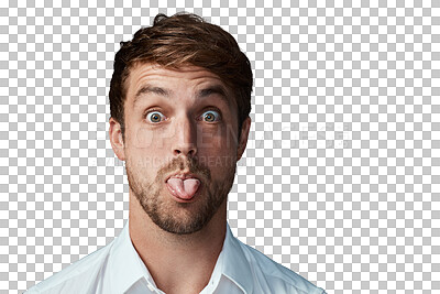 Buy stock photo Humor, portrait and man with his tongue out, funny and happiness isolated on a transparent background. Face, male person and model with goofy gesture, joke and playful with png and facial expression