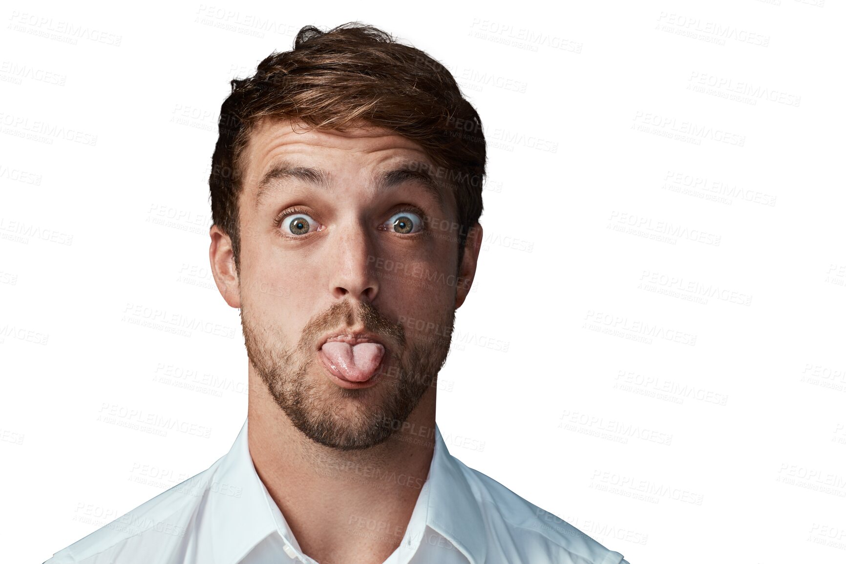 Buy stock photo Humor, portrait and man with his tongue out, funny and happiness isolated on a transparent background. Face, male person and model with goofy gesture, joke and playful with png and facial expression