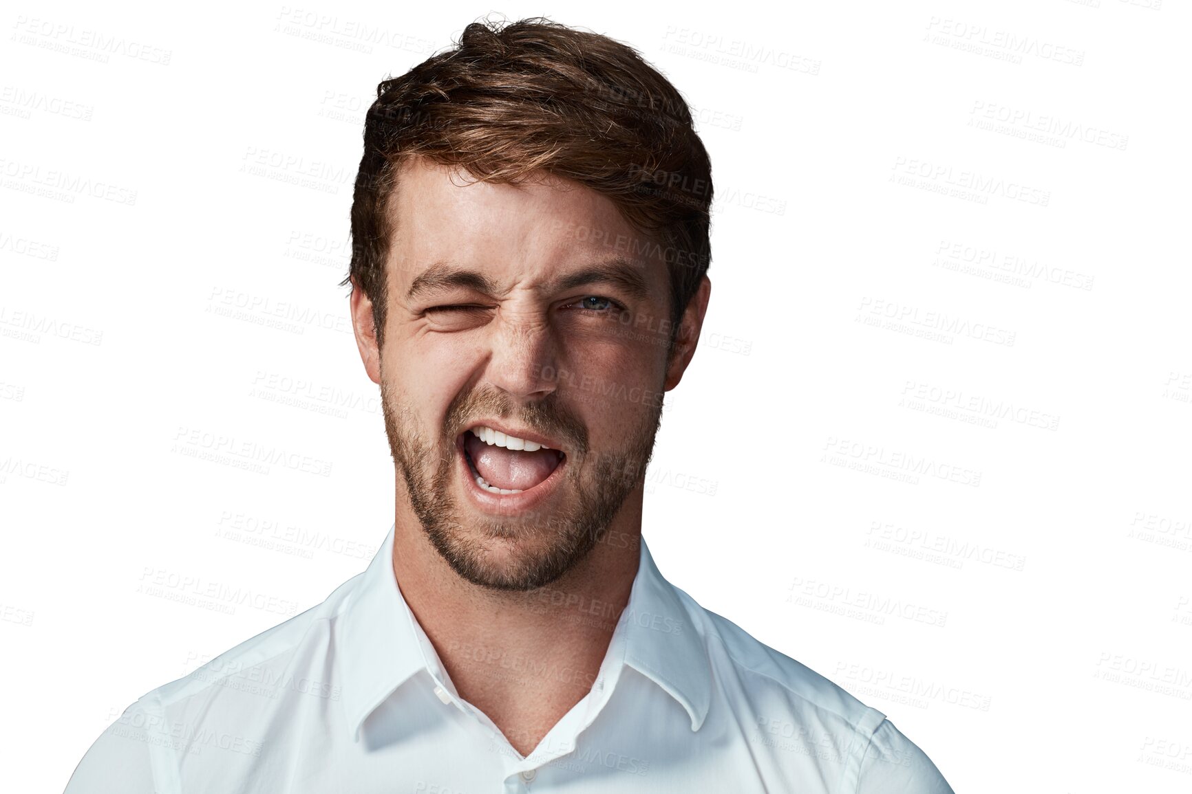 Buy stock photo Wink, funny and face of man carefree and positive feeling happy isolated in a transparent or png background. Portrait, crazy and young employee or person flirting with happiness, comedy and cheerful