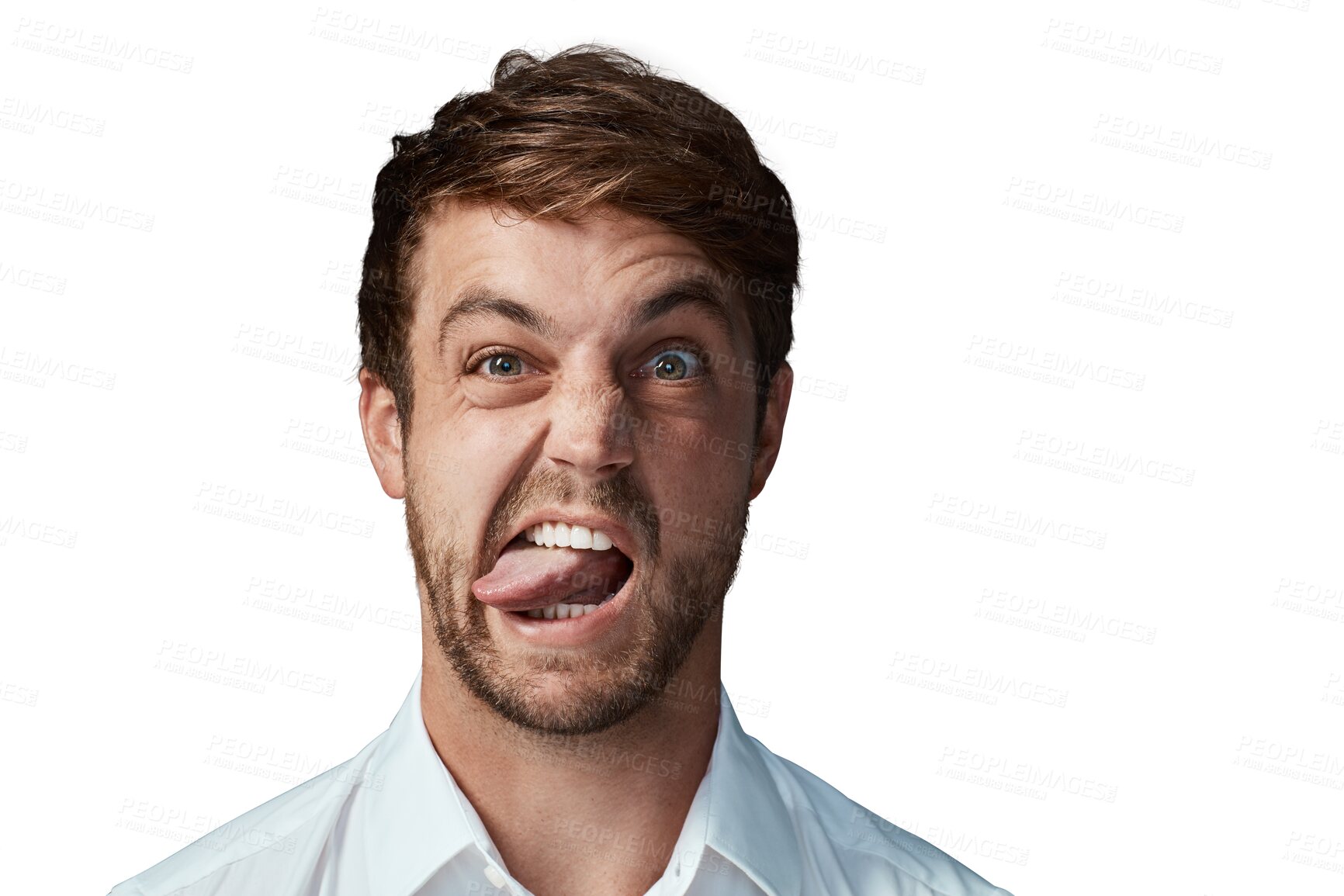 Buy stock photo Silly man, face and portrait with tongue out for funny humor isolated on a transparent PNG background. Goofy and handsome young male person or model with fun comic, emoji or comedy facial expression