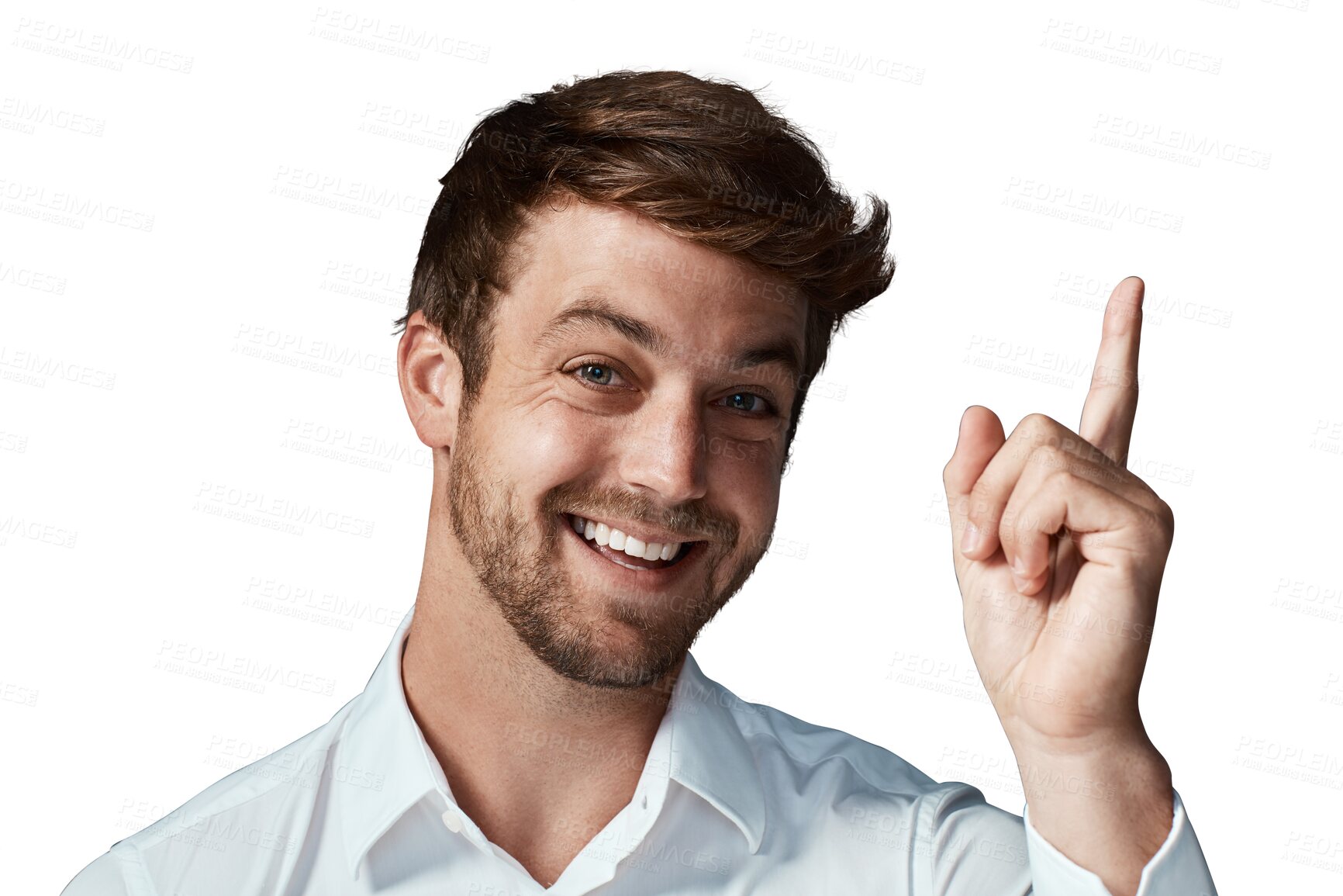 Buy stock photo Happy man, portrait and idea for solution, problem solving or brainstorming isolated on a transparent PNG background. Excited male person or model with smile in happiness pointing finger with a plan