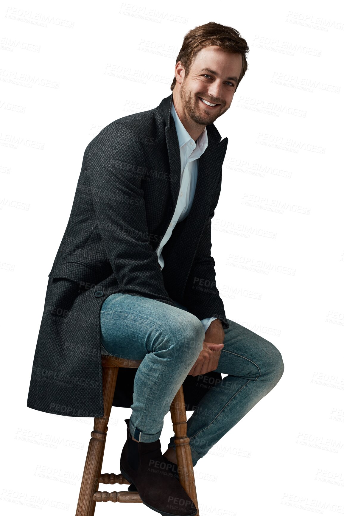 Buy stock photo Portrait, happy male from Denmark and on chair isolated against transparent png background with smile. Happiness or confident, elegance and excited or cheerful male person sitting with pose.