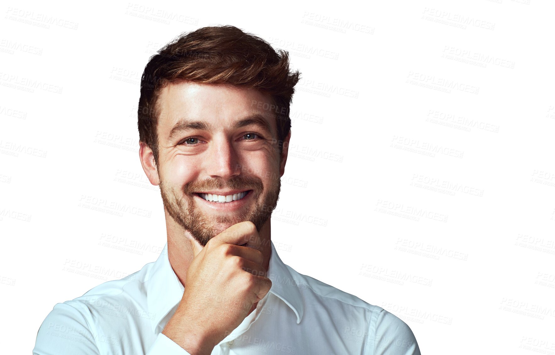 Buy stock photo Business, man and portrait of thinking of an idea with a hand on face isolated, transparent or png background. Solution, person with innovation, strategy or businessman with a question or planning