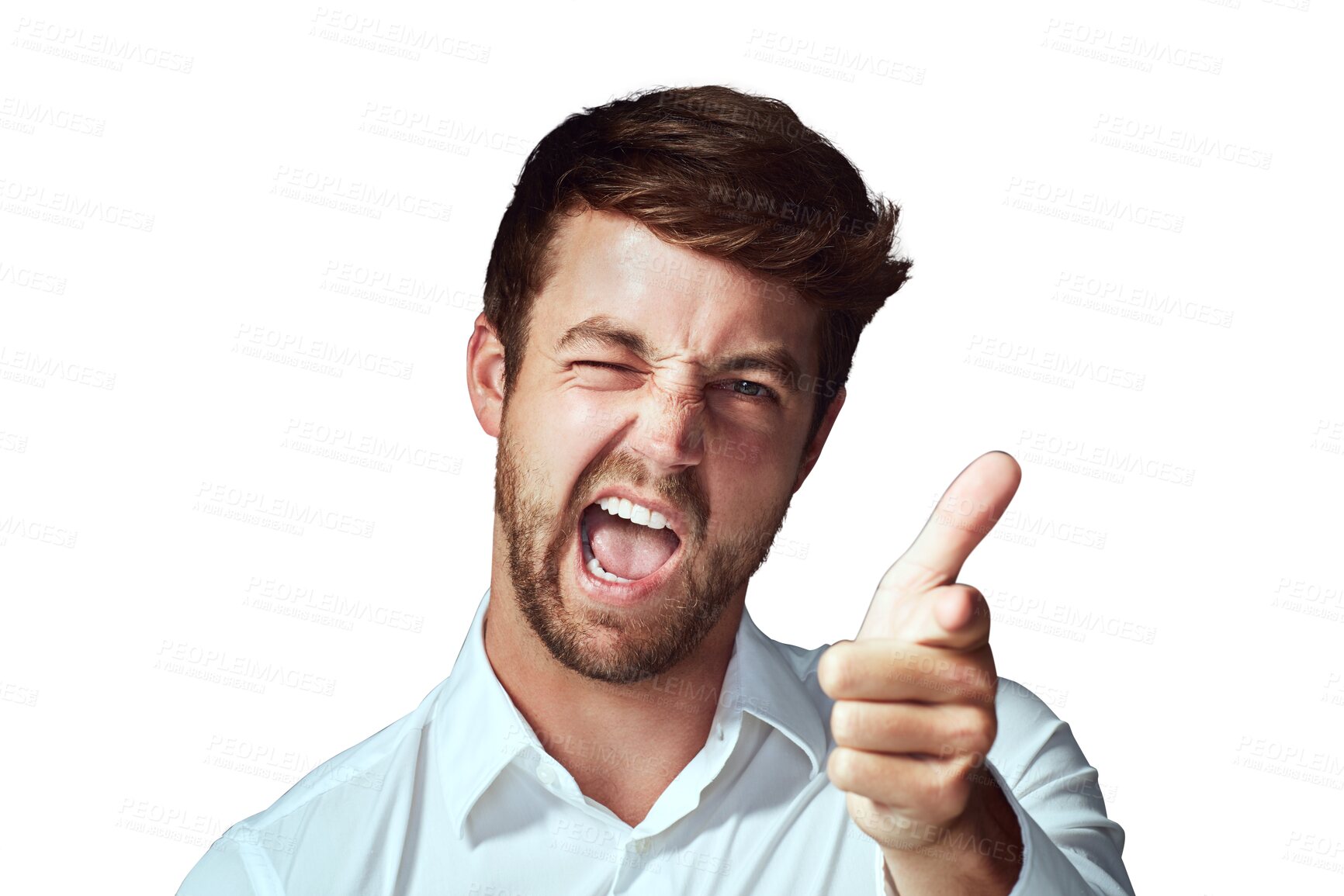 Buy stock photo Portrait, hand gun and man funny, promotion and silly guy isolated against a transparent background. Face, male person and model pointing to you, goofy and wink with png, opportunity and decision