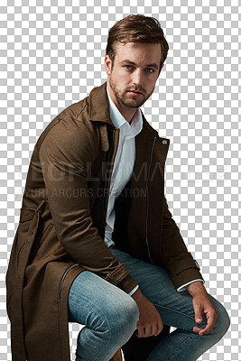 Buy stock photo Fashion, chair and serious man in portrait isolated on transparent, png background for creative, cool or trendy style. Young person or edgy model from UK in jeans, coat and shirt in retail promotion