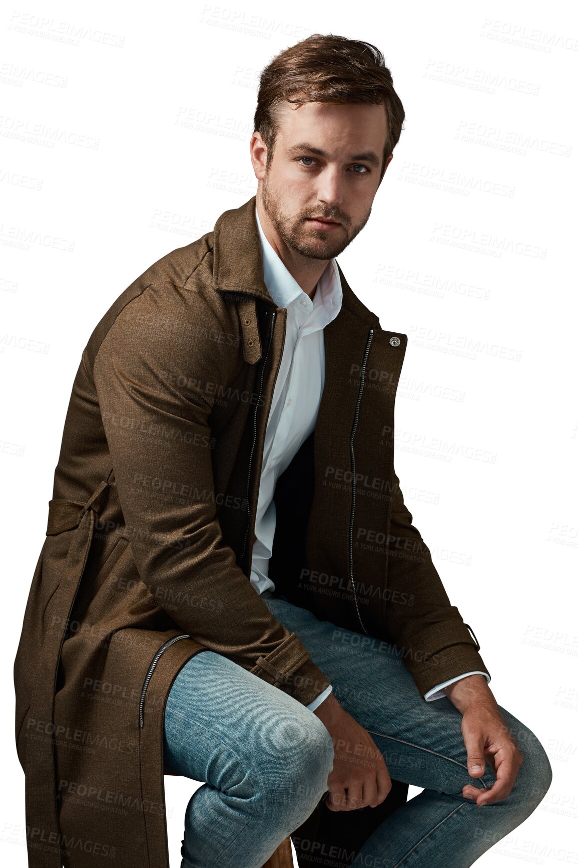 Buy stock photo Fashion, chair and serious man in portrait isolated on transparent, png background for creative, cool or trendy style. Young person or edgy model from UK in jeans, coat and shirt in retail promotion