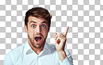 Studio portrait of a handsome young man pointing excitedly to copyspace isolated on a png background